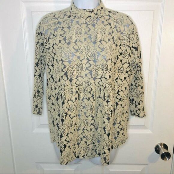 Mesh Floral Top Ivy Jane Rose Lace Netting Blouse Cream Black XS - Picture 3 of 11